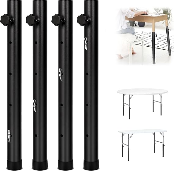 4 Pack Table Legs Extenders for Folding Tables, 4 Levels Adjustable Folding Tables Leg Risers for Bent/Straight Legs Folding Table Leg Extensions for RiseTable Height Reduces Stooped Work