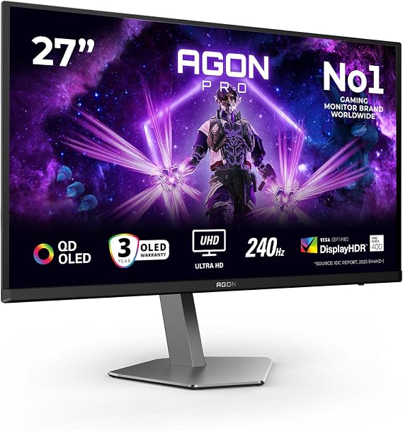 AOC Agon Pro AG276UZD - 27 inch QD OLED 4K UHD Gaming Monitor, 280 Hz, 0.03 ms, FreeSync Prem Pro, G-Sync comp., Height Adjust, HDR400 (3840x2160, 2xHDMI, DisplayPort, USB Hub) Black