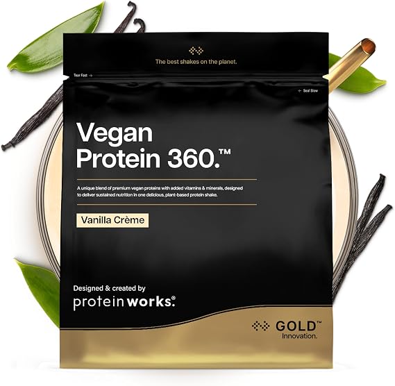 Protein Works | Vegan Protein 360 - Gold, Vanilla Crème, 1kg | 100% Plant Based, Premium Tri-Protein Blend, Low Fat, Low Calorie, 12 Vitamins & Minerals, 87 Health Benefits, 33 Servings