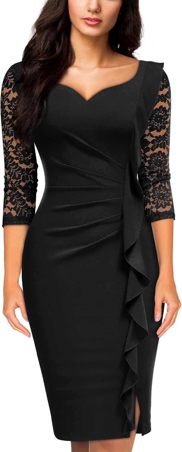 Miusol Womens Classy V-Neck Floral lace 34 Sleeve Cocktail Party Dress