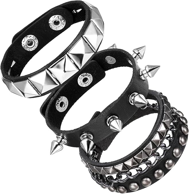 Telooco 3Pcs Punk Rock Leather Studded Bracelet 80s Goth Spike Bracelets Adjustable Leather Wristbands Punk Wrap Wrist Cuffs Emo Accessories for Halloween Cosplay Party