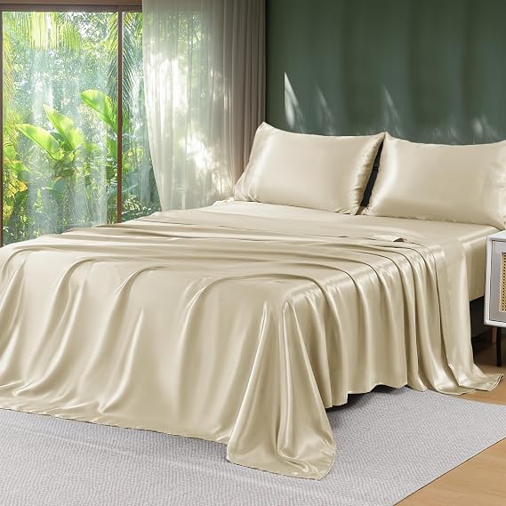 Sasttie Satin Sheets Queen Size - 4 Pieces Luxury Soft Champagne Silky Bed Sheets Set with Pillowcases - Smooth Silk-Like Satin Fabric, Reinforced 14 Inches Pocket, Oeko-Tex Certified