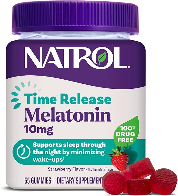Natrol Time Release 10mg Melatonin Gummies, Sleep Aid, Strawberry, 55 Count | Dietary Supplement to Minimize Wake Ups, 100% Drug-Free, Non-Habit Forming, For Occasional Sleeplessness, 55 Day Supply