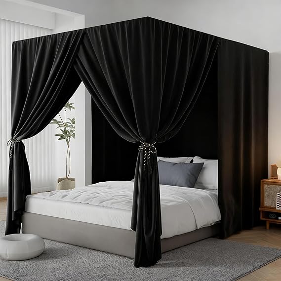 Black Canopy Bed Curtain 4 Corner Post Bed Curtains, Twin