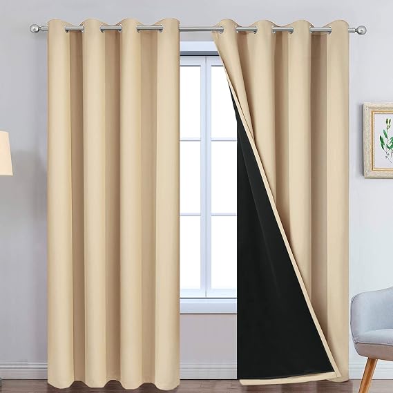 Yakamok Beige 100% Blackout Curtains 84 Inches Long for Bedroom 52" Wide | Blackout Curtain Panels for Bedroom, 2 Thick Layers Grommet Top Thermal Insulated Drapes with Black Liner for Living Room
