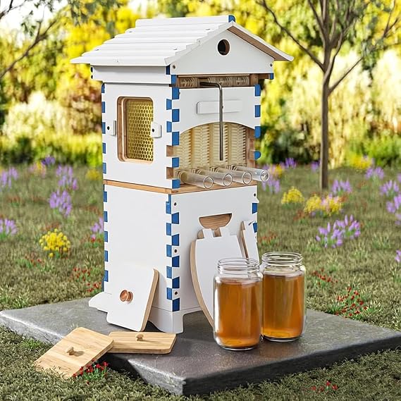 Beehive Starter Kit, Complete Self-Flow Hive Bee Box with Observation Window & Honey Spout, Easy Assembly Wooden Hive, Automatic Honey Extraction