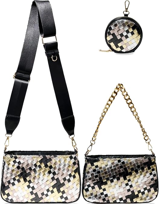 Handmade Woven Small Crossbody Bag for Women with Coin Purse, Designer Shoulder Handbag 3pcs Set, Mini Tote Clutch
