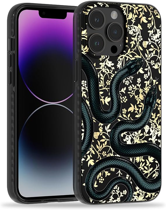 SCORPIFY iPhone 13 Pro Max用 ケース MagSafe対応 マットブラックのダブルスネークデザイン、かわいい磁気電話カバー、女性、女の子、男性用、スリムな耐衝撃バンパー、ゴールドのアクセント付き