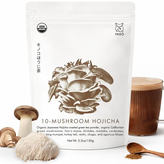 FKRO Organic Mushroom Hojicha Powder | Japanese Roasted Green Tea Coffee Alternative | 10 Adaptogenic Mushrooms | 3,000mg USA-Grown Blend with Lions Mane, Reishi, Cordyceps & Chaga | 30 Servings