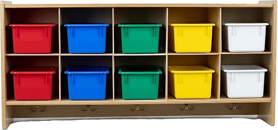 10 Section Wall Mount Storage Cabinet, Cubby Shelving Unit with Assorted Trays and Hooks for Daycare, Home, Playschool Montessori Classroom Furniture