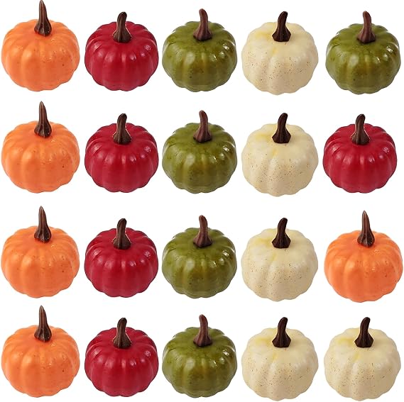 ROYHOO 20PCS Mini Artificial Pumpkins, Fall Harvest Simulation Pumpkins Decor Fake Fruit Home Decor for Halloween Thanksgiving Party Decorations (Orange, Green, White, Red)