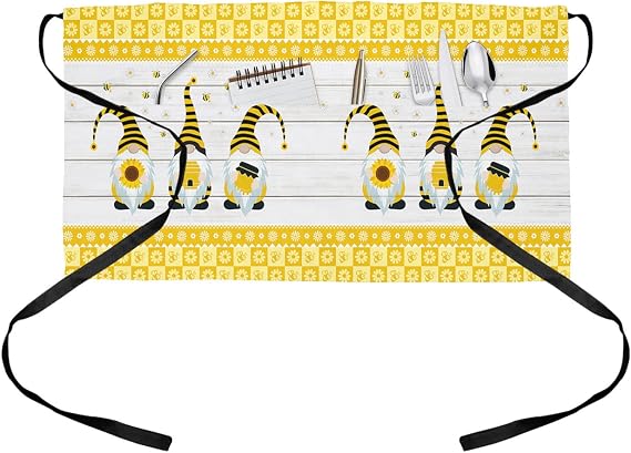 Bee Gnomes with Sunflowers Server Aprons with Pockets, Retro Wooden Stripes Honey Lace Waist Aprons Waitress Apron