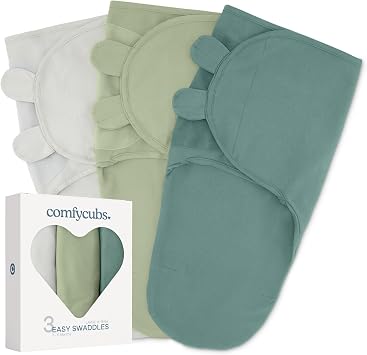 Comfy Cubs Easy Swaddle Blanket, 3 Pack - 100% Cotton Newborn Wrap, Large for 3-6 Months Infants, Breathable and Durable Sleep Sack for Babies - Stone, Sage, Azul
