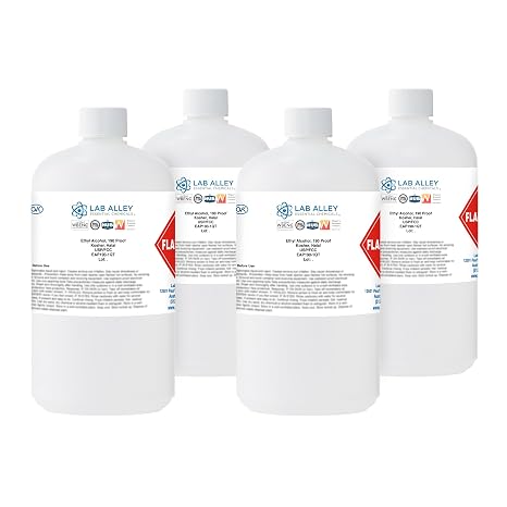 Lab Alley Ethanol 190 Proof (95%) USP/FCC Food Grade Alcohol, Grain Alcohol Solvent, Kosher, Laboratory & Extraction Use, 1 Gallon (Pack of 4 x 1 Quart Bottles)