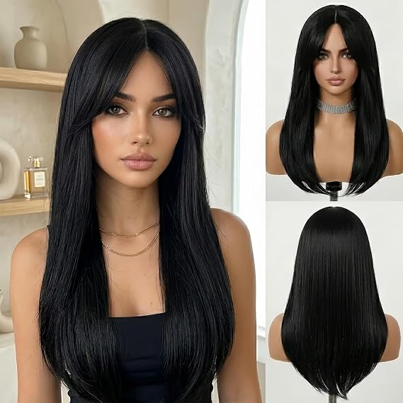 Creamily Black Long Straight Wig with Bangs for Women, Layered Straight Wigs for Women, Synthetic Hair Middle Part Natural Looking Hair Wig for Party Cosplay Daily Use 22 Inches