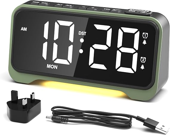 ROCAM Alarm Clock Beside for Heavy Sleepers & Teens, Digital Clock with White Bold Digits & Week Date Display, Type-C & USB Charging Port, 70-120dB, Dual Alarm, SNOOZE, 3-Night Light, Power-Off Memory