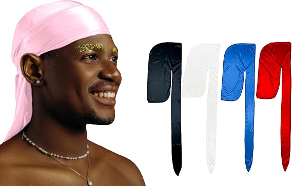 DuragPro 1 Pack Silky Satin Pink Durag Bundle 4 Pack Silky Satin Durags(Black, Blue, Red, White)