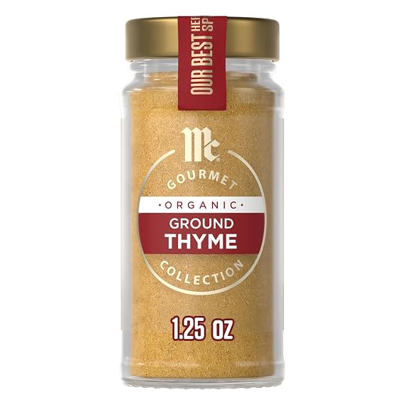 McCormick Gourmet Collection Thyme, Ground, Organic, Non GMO, Kosher, Our Best Herbs & Spices, Versatile Herb, Robust Flavor Enhances Stews, Stuffing, Vegetables & Roast Chicken, 1.25 oz