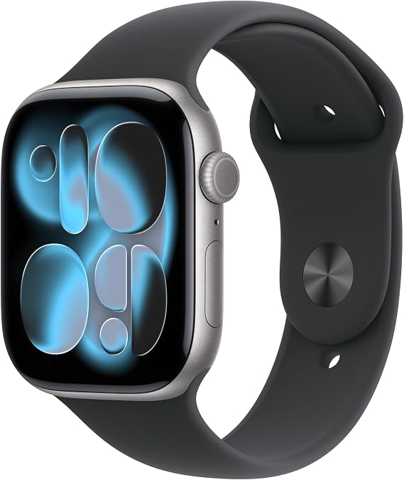 Apple Watch Series 11 GPS 46 mm Space Gray Aluminum Case Smart Watch and Black Sports Cord - M/L. Sleep Score, Fitness Tracking, Health Monitoring, Always Open Screen, Waterproof Design