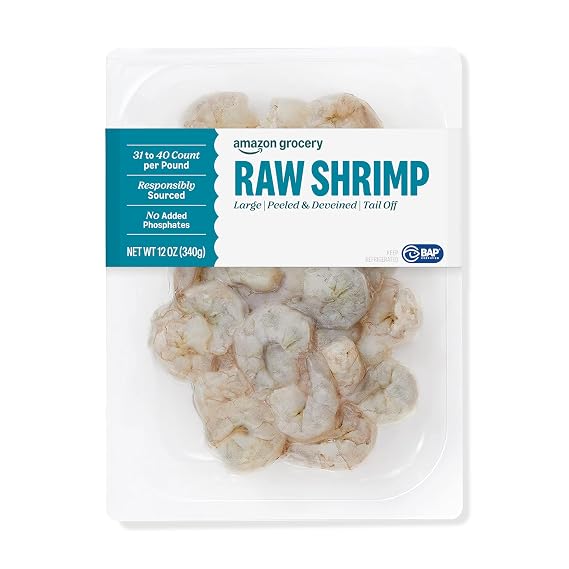 Amazon Grocery, Raw Shrimp, Large Peeled and Deveined Tail Off, 12 Oz