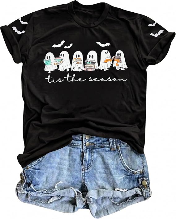 Halloween Teacher Shirts for Women Ghost Reading Books Shirt Funny Spooky Bookish Tee Halloween Party Short Sleeve Tops