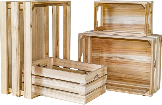 Large Wooden Crates Unfinished Set of 4 Decorative Storage Box with Handles, Rustic Farmhouse Wooden Crates for Display, Living Room Container Basket Box for Kitchen, Pantry, Bedroom