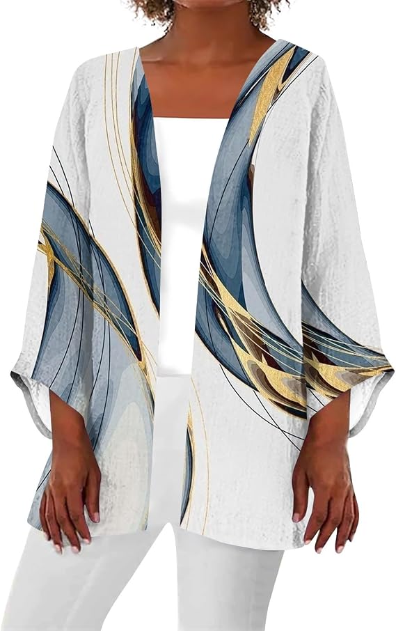 FQZWONG Cardigan for Women 2025 Spring Fashion Kimonos Plus Size 3/4 Length Sleeve Tops Casual Open Front Outerwear Cover Ups