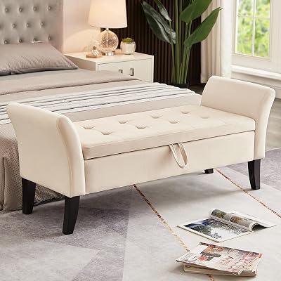 NIOIIKIT 51.5 Velvet Upholstered Ottoman Bench with Flip Top, Long Bench for Bedroom or Living Room Beige