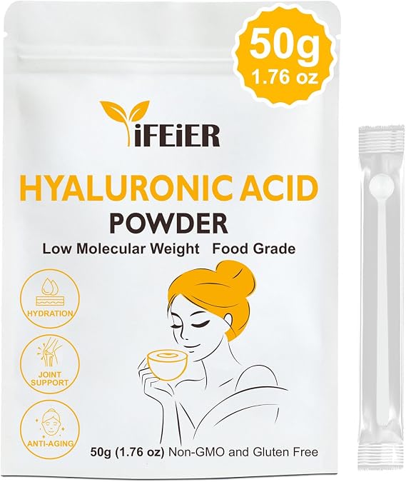 iFEiER Hyaluronic Acid Powder | Low Molecular Weight Food Grade Hyaluronic Acid | 50g(1.76oz) Sodium Hyaluronate Powder | HMW LMW HA | Skin Hydration and Joint Lubrication Supplements