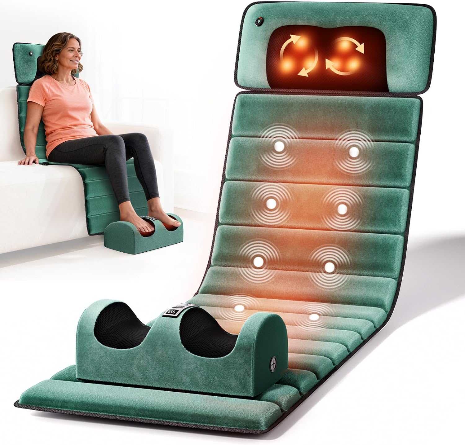 Soft Full Body Massage Mat with Heat, Massage Pad with Detachable Neck Massager, 10 Motors Vibrating Mattress for Relaxation, Foldable Design for Home Office Use (Green)