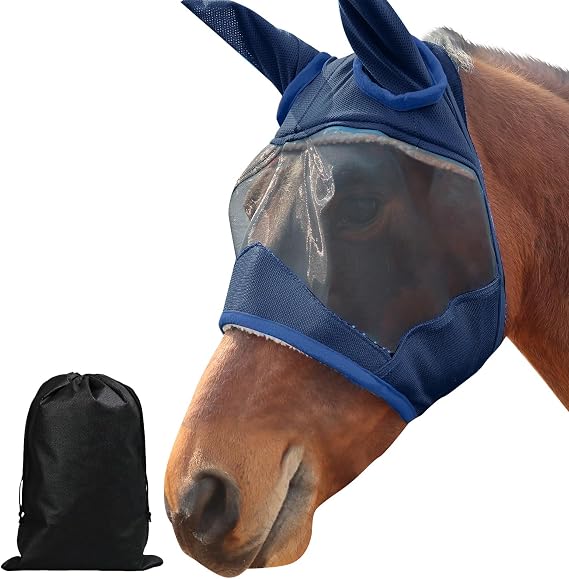 Fly Mask for Horse with Ears Adjustable UV Protection, Full Face Fly Masks for Horses for Daily Breathable Comfort Fit Riding & Competition(Navy, Large)