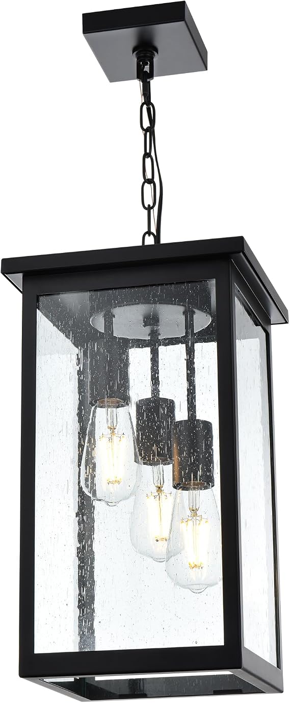 TODOLUZ 3-Lights Large Outdoor Pendant Light, Black Porch Ceiling Lighting Fixtures with Seeded Glass Panel, Exterior Hanging Lantern Adjustable Chain for Yard Entryway Patio