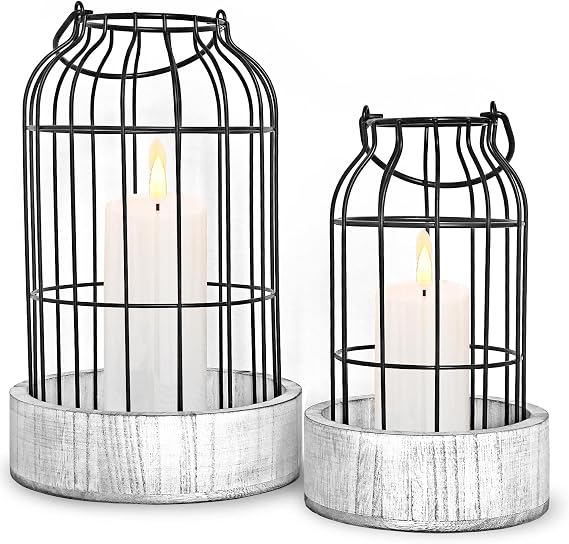 Livelab Modern Farmhouse Lantern Decor, [Refined] Rustic Home Decor Lanterns, Wire Metal Cloche Decorative Candle Holder for Living Room, Fireplace Mantle, Bathroom Countertop