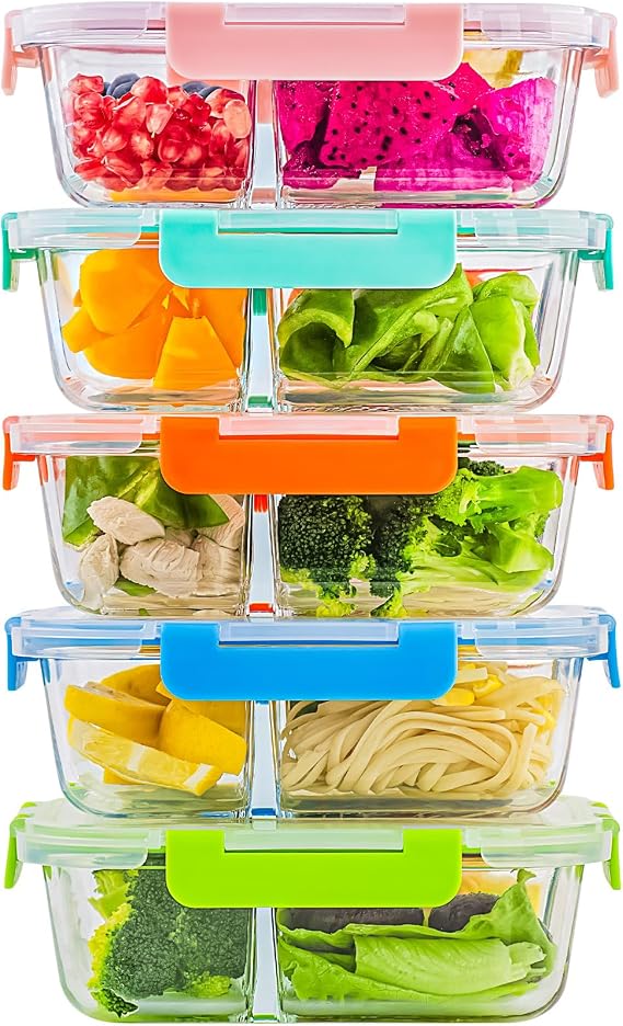 [5-Pack,36 Oz] Glass Meal Prep Containers 3 Compartments with Locking Lids