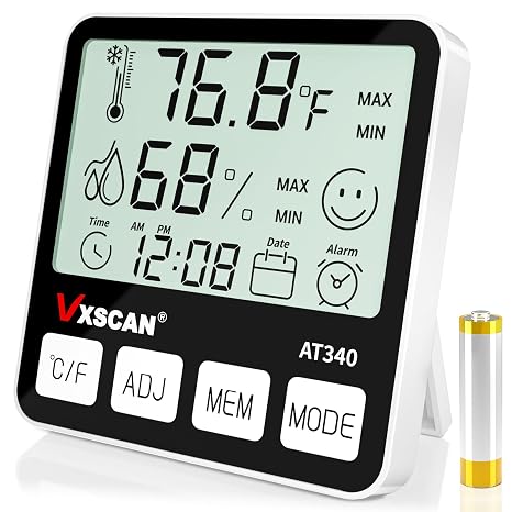 Digital Thermometer Hygrometer Indoor Humidity Meter Room Temperature Sensor with Alarm Clock Date, Hydrometer for Humidity Monitor Gauge for Home, Baby Room, Office, Greenhouse