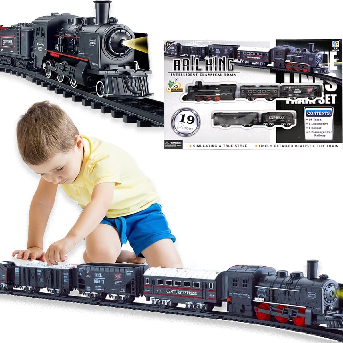 Xwin Classic Train Set for Kids with Light and Sound - 19Pcs Battery Operated Railway Toy with Tracks and Steam Locomotive, Train Playset for Boys and Girls Ages 3 Years
