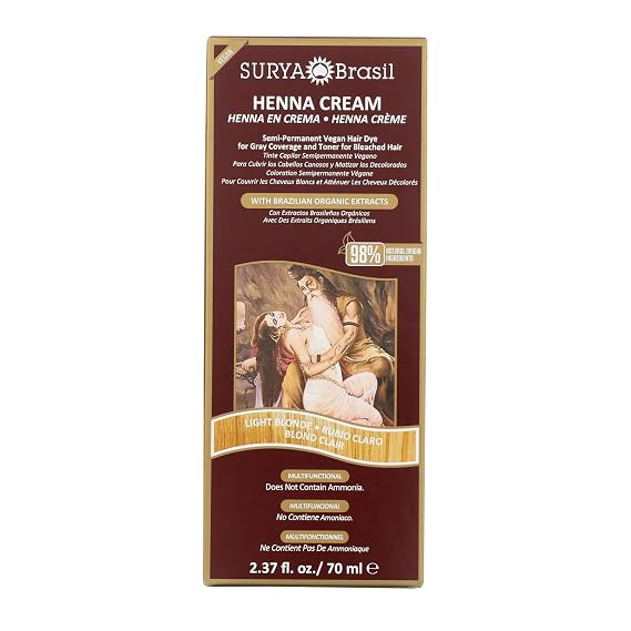 Surya Brasil Henna Cream Light Blonde - 98% Natural Ingredients, Vegan, Cruelty-Free, Eco-Friendly, Semi-Permanent Hair Color, Deep Hydration & Shine, 2.37 fl oz