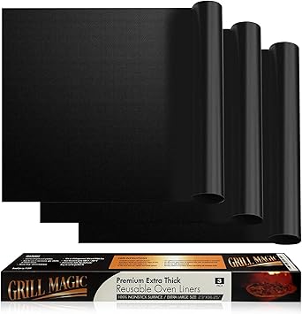 3 Pack Non-Stick Heavy Duty Oven Liners Set for Bottom of Electric Oven by Grill Magic - Thick, Heat Resistant Fiberglass Mat - Easy to Clean, Reduce Spills, Stuck Foods & Clean Up - BPA Free