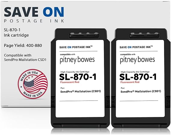 Save On Postage 2-Pack Red Ink Cartridge Compatible with SendPro Mailstation Postage Meter Machines Replacement Inkjet Cartridge for Model Compatible Pitney Bowes SL-870-1 w/OEM Compatibility