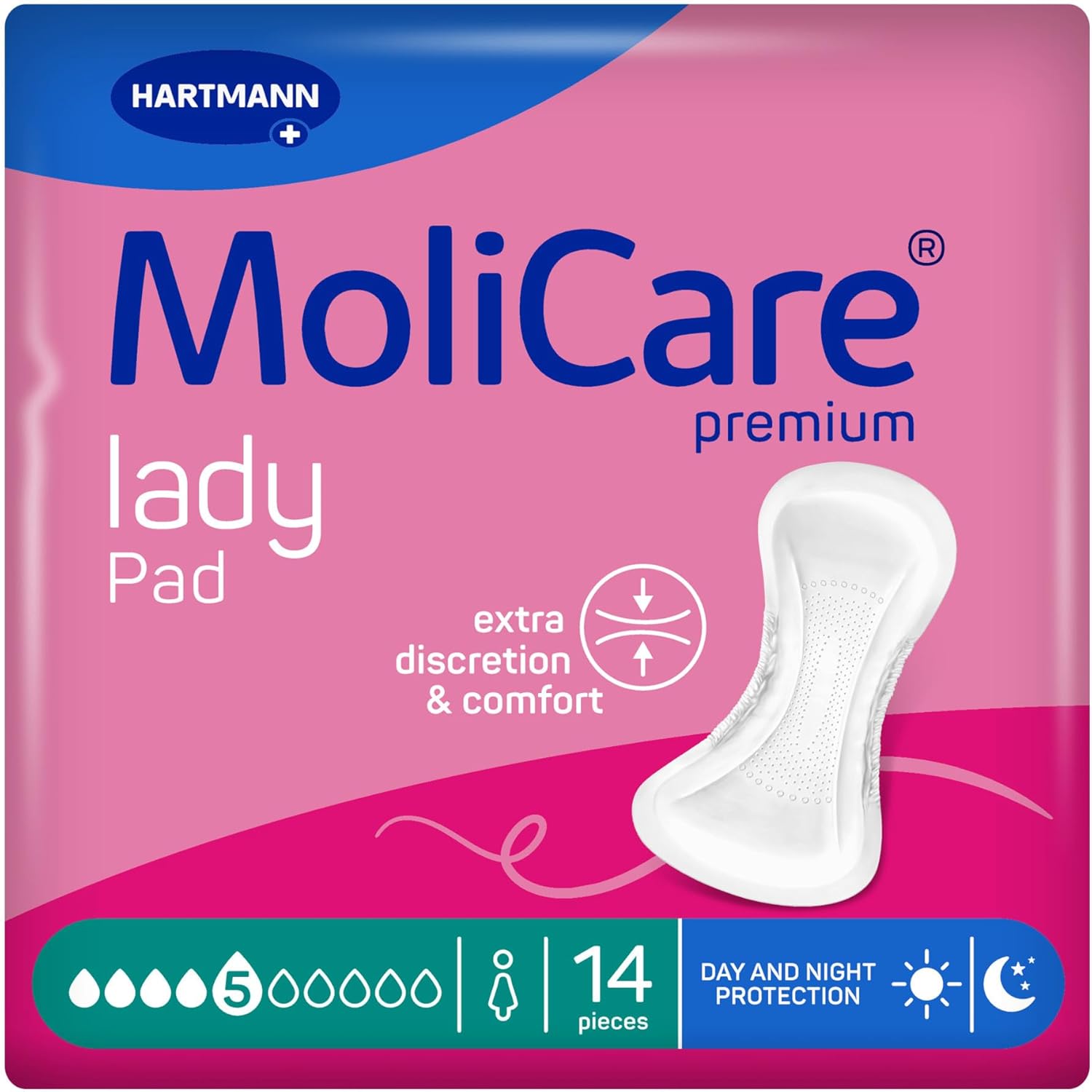 MoliCare Premium Lady Pad 5 Drops Extra-Long Incontinence Pads for Women with Moderate Bladder Weakness, Nighttime Protection, Odour Neutraliser, Advanced Skin Protection, 14 Pieces