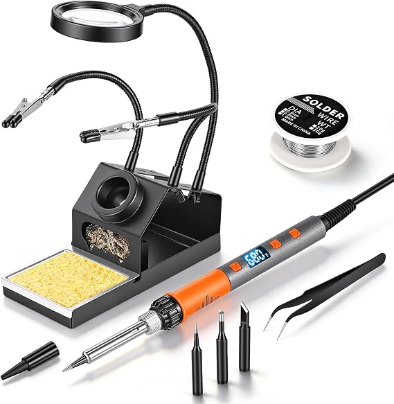 Soldering Iron Kit, 100W High Power LCD Digital Solder Iron Pen, Fast Heating Soldering Tool with Magnifying Glass and Helping Hands, Iron Tips, Solder Wire, Tweezer, Automatic Sleep Mode