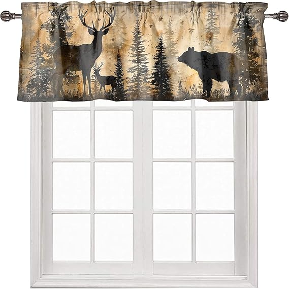 Rustic Deer Bear Curtain Valances Window Treatments Forest Pine Tree Elk Moose Hunting Cabin Lodge Country Farmhouse for Kitchen Windows Rod Pocket Valance Window Treatments 54 x 18 Inch, 1 Panel