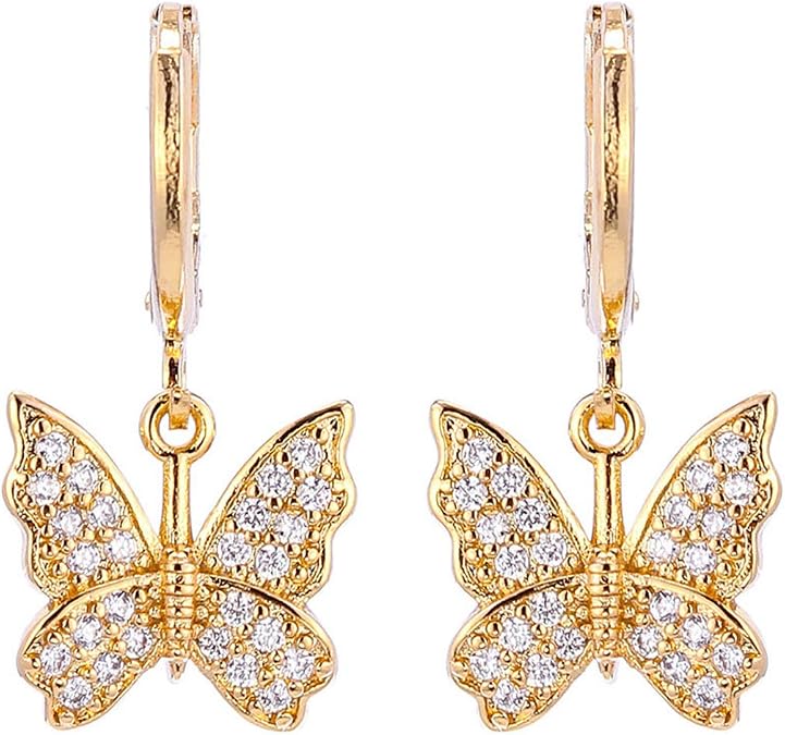 INENIMARTJ Charm Butterfly Hoop Earrings,Gold Silver Crystal Butterfly Drop Dangle Earrings for Women