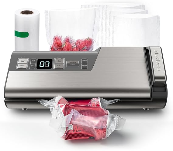 Mesliese Vacuum Sealer Machine, 95kPa 140W One Hand Operation Food Sealer, Double Seal Strip with Build-in Cutter & Countdown Display, 2 Bag Rolls, 5PCS Pre-cut Bags, PULSE & Marinate Enabled