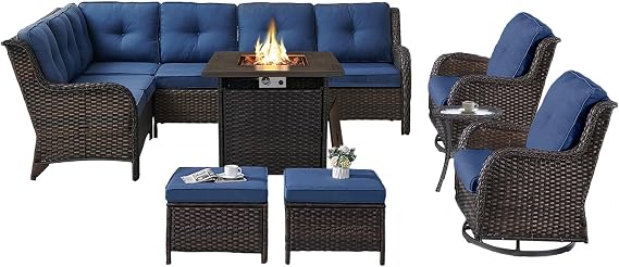 Belord Outdoor Sectional Furniture Sofa Set with 50000BTU Propane Fire Pit Table, Wicker Patio Conversation Set with 2 Swivel Rocker Glider Chairs Blue Cushion Perfect for Backyard Casual Gathering