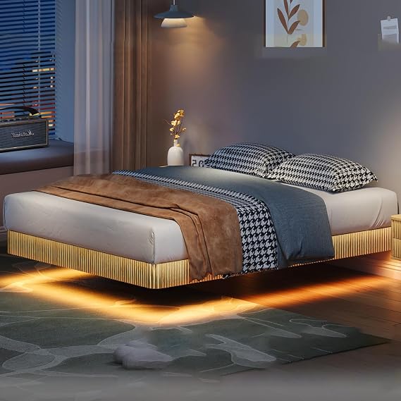 Queen Floating Bed Frame with LED Lights, Fluted Mid Century Modern Wood Floating Bed Frame Queen, Wave Curve Wood Texture Bed with Heavy Duty Metal Slats, Beige