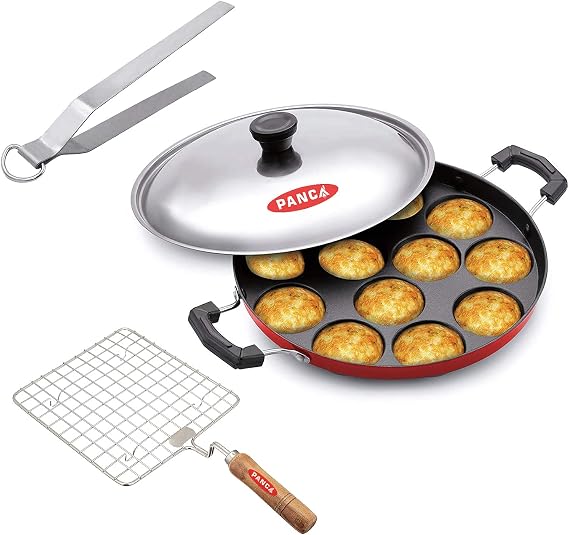 Panca Premium Appam Maker Non Stick with Papad Jali and Tong, Aluminium Appam Patra, Barbeque Jali, Appam Pan with Lid, Tong for Papad Roti-Red Appam, Roasting Net and Tong Combo