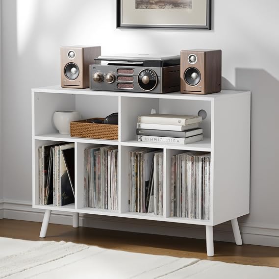 Record Player Stand with Vinyl Storage Cabinet, Wood Turntable Table Open Shelf Holder Up to 350 Albums Cube Storage Organizer for Living Room,