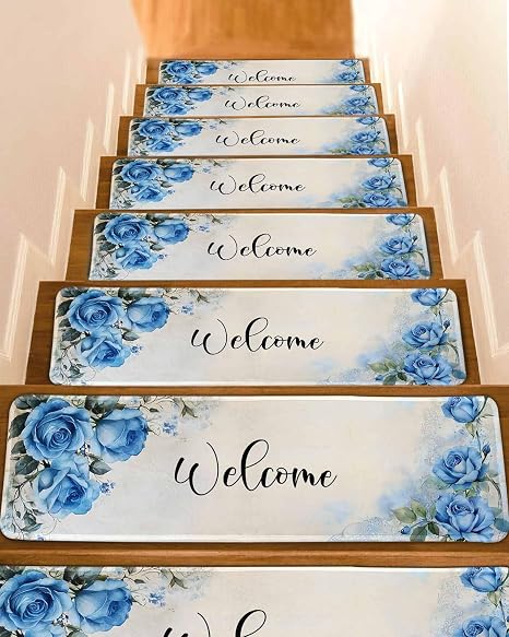 Spring Blue Rose Stair Treads for Wooden Steps Indoor, 4 Pack Non Slip Carpet Stair Treads for Kids Elders and Dogs with Reusable Adhesive, 8x30 inch Step Mats Green Leaves Vintage Country Rustic