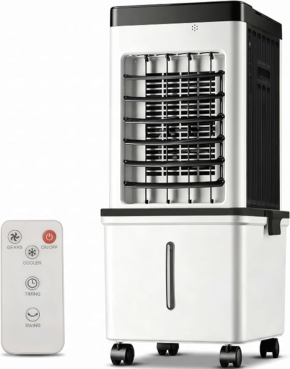 Portable Air Cooler, 3 in 1 Evaporative Air Cooler with 15L Water Tank, Remote Control, 2 Ice Packs, 3 Speeds, 3 Wind Modes, 120° Oscillation, 7.5H Timer, Air Cooler Fan for Home, Bedroom (Black)